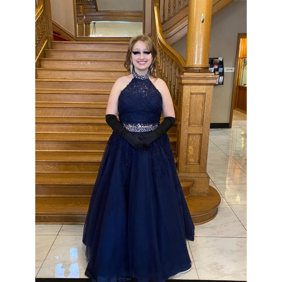 Jovani Dresses & Skirts - Jovani Beaded Halter Neck Formal Gown Navy Blue Lace Crystals Size 12 Used